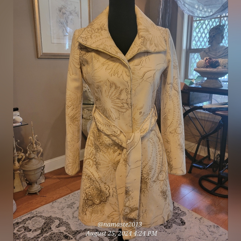 Bebe Wool Blend Coat Glitter Sunflower Paisley Holiday Winter Designer #56